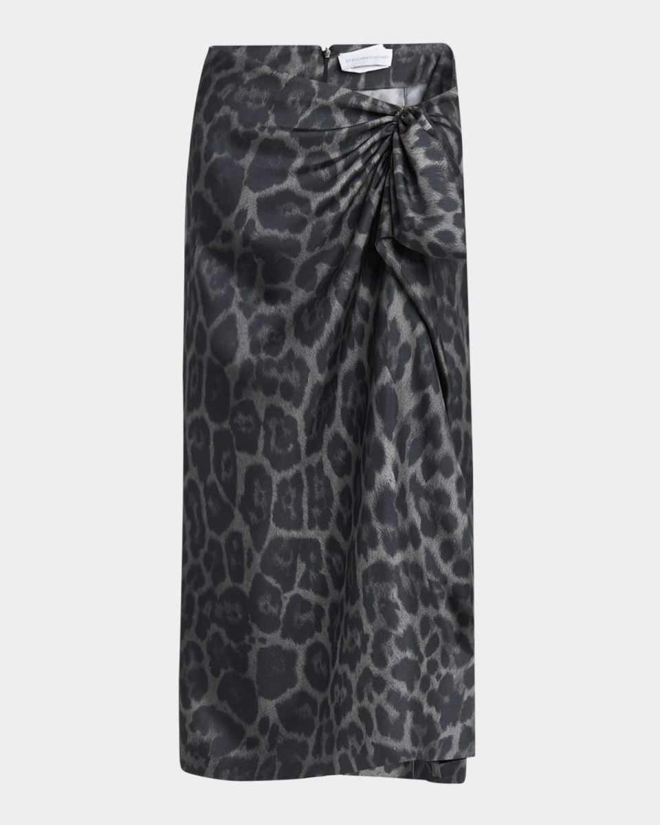 Leopard-Print Gathered Silk Midi Skirt